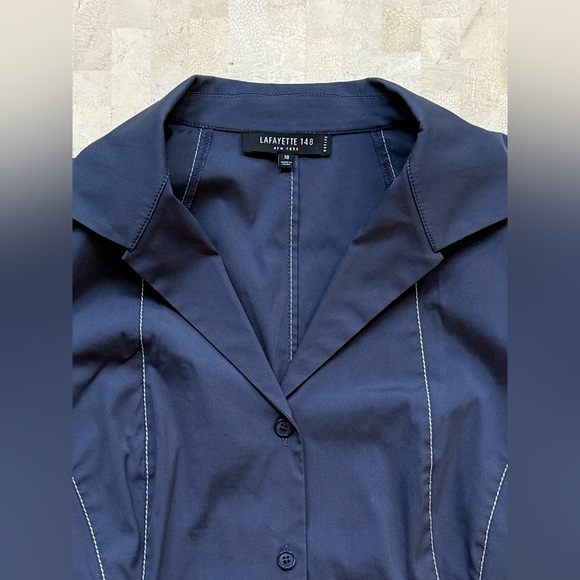 Lafayette 148 New York Shirt Womens 10 Petite Blue Tailored Collar Button Down - Picture 3 of 8
